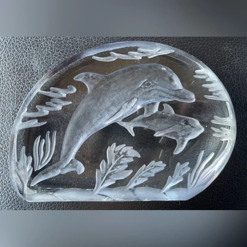 Vintage Sarmis Royal CrownRomanian Crystal Dolphin art glass Paperweight Romania